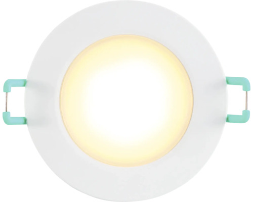 Runde, weiße LED Einbauleuchte mit warmweißem Licht und seitlichen Montagefedern.