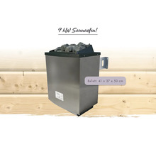 Poêle de sauna en acier inoxydable de 9 kilowatts avec pierres de sauna, dimensions 41 par 37 par 50 centimètres.