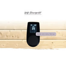 Boîtier de commande WiFi pour sauna, largeur 5,5 par profondeur 2,2 par hauteur 10,5 centimètres, monté sur une paroi en bois.