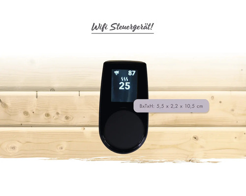 Boîtier de commande WiFi pour sauna, largeur 5,5 par profondeur 2,2 par hauteur 10,5 centimètres, monté sur une paroi en bois.