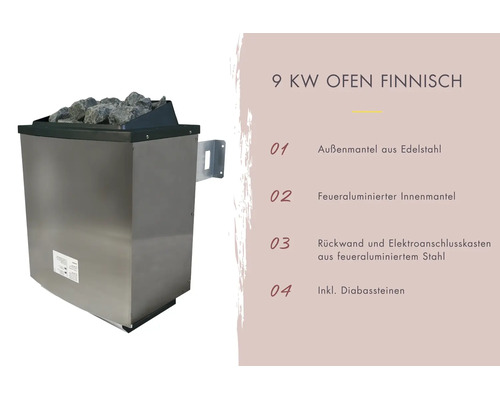 Poêle à sauna finlandais 9 kilowatts avec enveloppe extérieure en acier inoxydable et pierres de diabase.