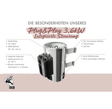 Poêle de sauna Karibu Plug and Play 3,6 kilowatts avec commande intégrée, minuterie, pierres de sauna et détails techniques, Karibu Logo.