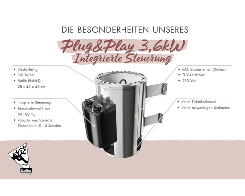 Poêle de sauna Karibu Plug and Play 3,6 kilowatts avec commande intégrée, minuterie, pierres de sauna et détails techniques, Karibu Logo.
