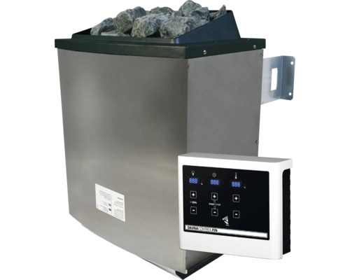 Poêle de sauna en acier inoxydable avec pierres de sauna et unité de commande externe.