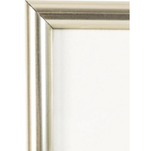 Eckdetail eines Bilderrahmens in Silber mit gebürsteter Struktur.