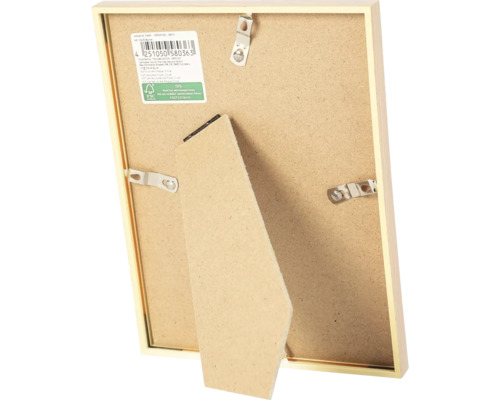 Rückseite eines Bilderrahmens mit ausklappbarem Stützfuß, Metallaufhängern und Siegel für Holz aus nachhaltig bewirtschafteten Wäldern.