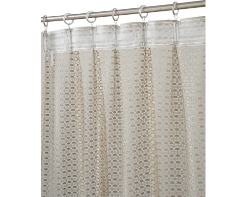 Rideau transparent avec motif quadrillé tissé, fixé à une tringle à rideau par des anneaux et des clips métalliques.
