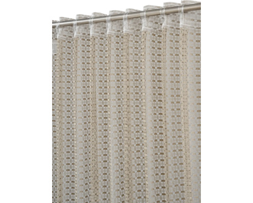 Rideau semi-transparent avec rayures tissées verticales et ruban universel pour tringles à rideaux.