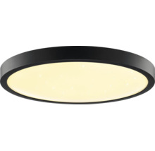 Plafonnier LED rond avec boîtier noir et effet ciel étoilé.