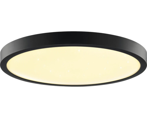 Plafonnier LED rond avec boîtier noir et effet ciel étoilé.