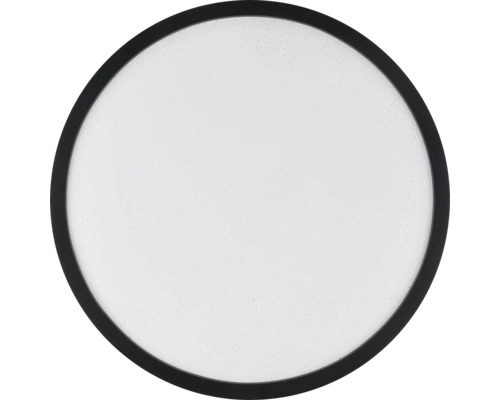 Plafonnier LED rond avec cadre noir et effet ciel étoilé.