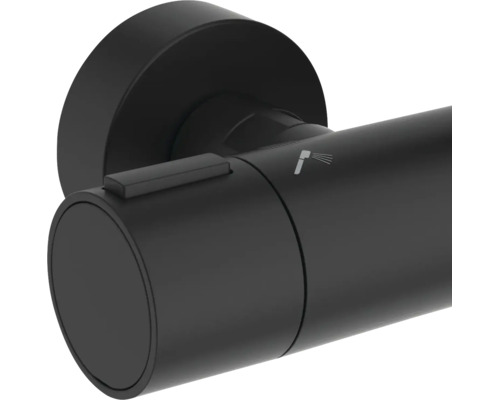 Nahaufnahme eines schwarzen Duschthermostat-Griffs mit Sicherheitstaste und Brausesymbol.
