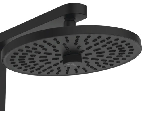 Runder Regenduschkopf Ideal Standard in Mattschwarz mit Antikalk-Düsen.