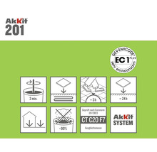 Akkit Logo, GEV-EMICODE EC 1 PLUS Siegel, Rührzeit 3 Minuten, für Fußbodenheizung, begehbar nach circa 3 Stunden, staubarm, Ausgleichsmasse CT C20 F7.