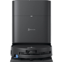 Ecovacs Saugroboter mit Absaugstation in Schwarz, Frontansicht mit Ecovacs Logo und AIVI 3D Sensor.