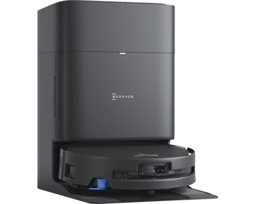Ecovacs Saugroboter mit Absaugstation, Ecovacs Logo, schwarze matte Oberfläche.