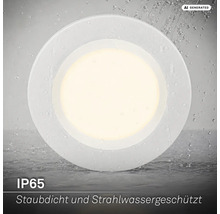 Spot encastrable LED rond avec indice de protection IP65, étanche à la poussière et aux jets d eau, adapté aux pièces humides.