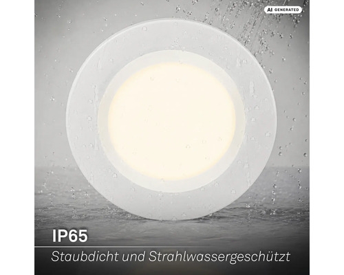 Spot encastrable LED rond avec indice de protection IP65, étanche à la poussière et aux jets d eau, adapté aux pièces humides.