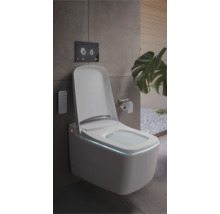 WC douche suspendu avec couvercle ouvert, rebord éclairé, télécommande et plaque de déclenchement dans une salle de bains moderne.