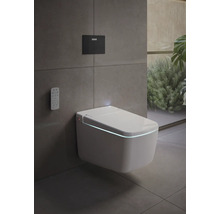 Salle de bain avec WC lavant blanc, plaque de déclenchement avec VitrA Logo et télécommande. Design minimaliste avec carrelage aspect pierre.