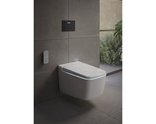 Salle de bain avec WC lavant blanc, plaque de déclenchement avec VitrA Logo et télécommande. Design minimaliste avec carrelage aspect pierre.