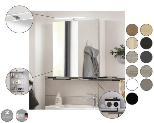 Armoire de toilette avec éclairage LED, étagères en verre, prise de courant et divers choix de décors. Fabriqué en Allemagne.