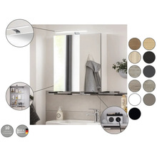 Armoire de toilette avec éclairage LED, étagères en verre, prise de courant et divers choix de décors. Fabriqué en Allemagne.
