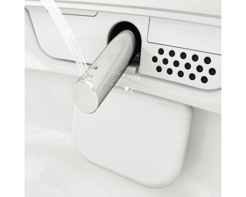 Vue détaillée d un bras de douche pour toilettes lavantes en métal avec jet d eau actif et positions de réglage marquées.
