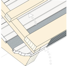 Dessin technique d'une structure de toit avec profil de ventilation et grille de protection contre les oiseaux entre les lattes en bois.