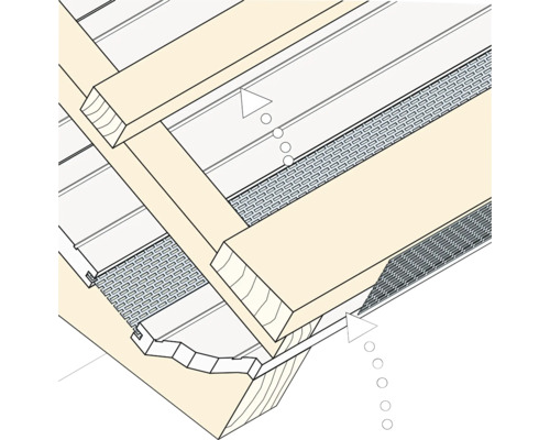 Dessin technique d'une structure de toit avec profil de ventilation et grille de protection contre les oiseaux entre les lattes en bois.