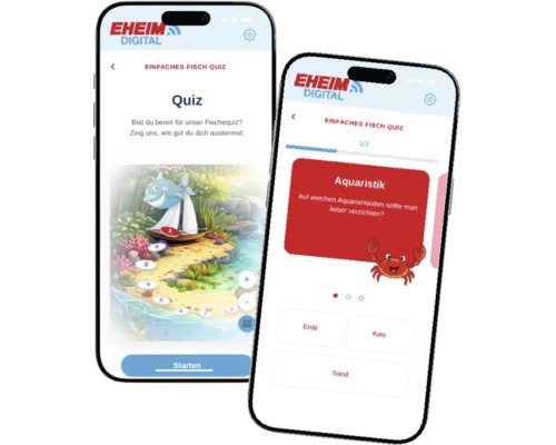 Zwee Smartphone weisen d'Eheim Digital App mat engem interaktive Fësch-Quiz fir d'Aquaristik.