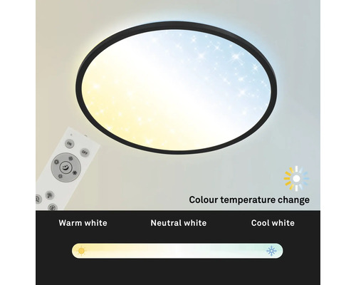 Runde Deckenleuchte mit schwarzem Rahmen, Sternenhimmel-Effekt und Fernbedienung. Farbtemperatur einstellbar von Warmweiß bis Kaltweiß.