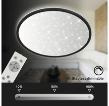 Runde LED-Deckenleuchte mit Sternenhimmel-Effekt, schwarzem Rahmen und Fernbedienung zum stufenlosen Dimmen von 10 bis 100 Prozent.