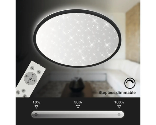 Runde LED-Deckenleuchte mit Sternenhimmel-Effekt, schwarzem Rahmen und Fernbedienung zum stufenlosen Dimmen von 10 bis 100 Prozent.