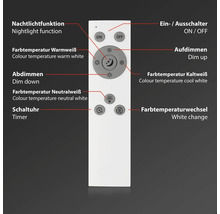 Fernbedienung für Leuchten mit Erläuterung der Funktionen wie Dimmen, Farbtemperatursteuerung, Nachtlicht und Timer.