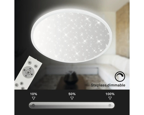 Runde LED Deckenleuchte mit Sterneneffekt und Fernbedienung, stufenlos dimmbar von 10 bis 100 Prozent.