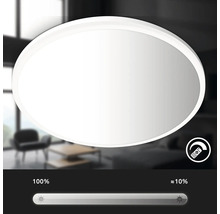 Dimmbare LED-Deckenleuchte, rund, mit Fernbedienung, Helligkeit stufenweise von 100 Prozent bis circa 10 Prozent einstellbar.