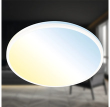 Runde LED-Deckenleuchte mit einstellbarer Farbtemperatur von warmweiß bis tageslichtweiß in einem modern eingerichteten Zimmer.