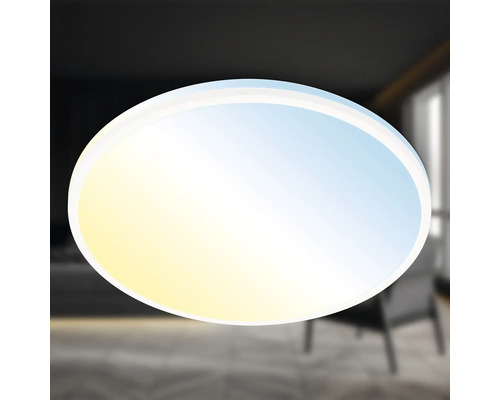 Runde LED-Deckenleuchte mit einstellbarer Farbtemperatur von warmweiß bis tageslichtweiß in einem modern eingerichteten Zimmer.