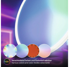 Kreisförmige Leuchte mit verschiedenen wählbaren Farben und Lichtmodi. RGBIC Logo.