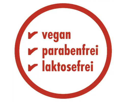 Symbol für vegane, parabenfreie und laktosefreie Produkte