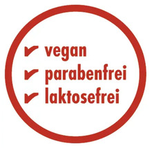 Siegel für vegane, parabenfreie und laktosefreie Produkte