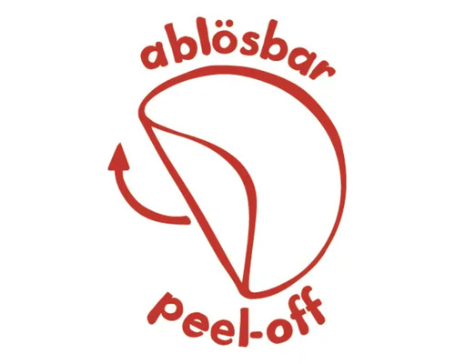 Symbol für ablösbare Produkte mit den Texten ablösbar und peel-off