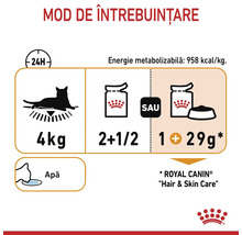 Guide alimentaire pour un chat de quatre kilogrammes avec Royal Canin Hair et Skin Care. Deux sachets et demi ou un sachet et 29 grammes.