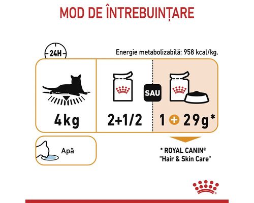 Guide alimentaire pour un chat de quatre kilogrammes avec Royal Canin Hair et Skin Care. Deux sachets et demi ou un sachet et 29 grammes.