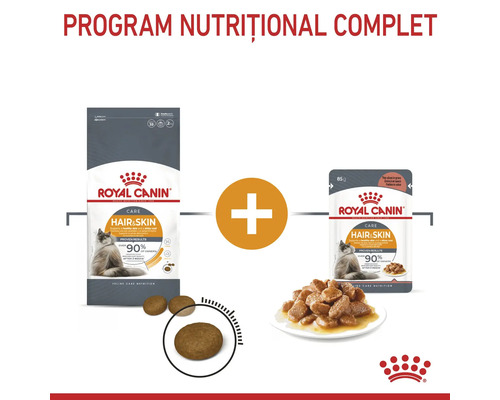 Combinaison de croquettes et de nourriture humide Royal Canin Hair and Skin Care pour un programme nutritionnel complet pour chats.