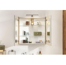 Armoire de toilette avec deux portes ouvertes, miroir, applique LED et étagères en verre, contenant divers produits de soin.