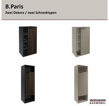 Armoires de salle de bains Fackelmann de la série B.Paris en deux décors et deux types avec portes et compartiments ouverts. Fackelmann Logo.