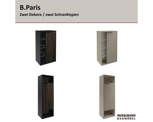 Armoires de salle de bains Fackelmann de la série B.Paris en deux décors et deux types avec portes et compartiments ouverts. Fackelmann Logo.