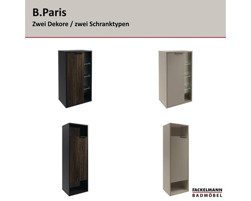 Meubles de salle de bains Fackelmann B.Paris : armoire murale avec étagères en verre et armoire haute, en décor bois et uni. Fackelmann Logo.